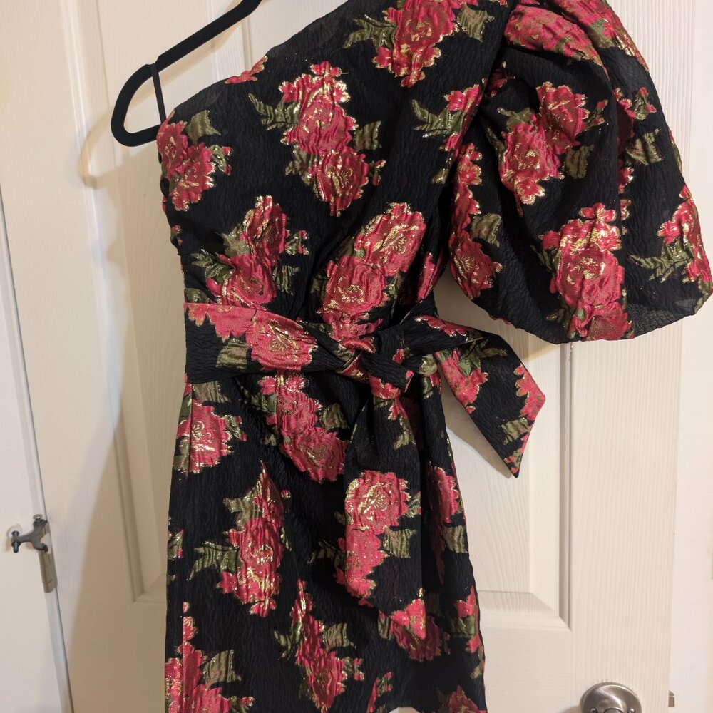 Dream Sister Jane one shoulder jacquard mini dress in red and gold, red floral